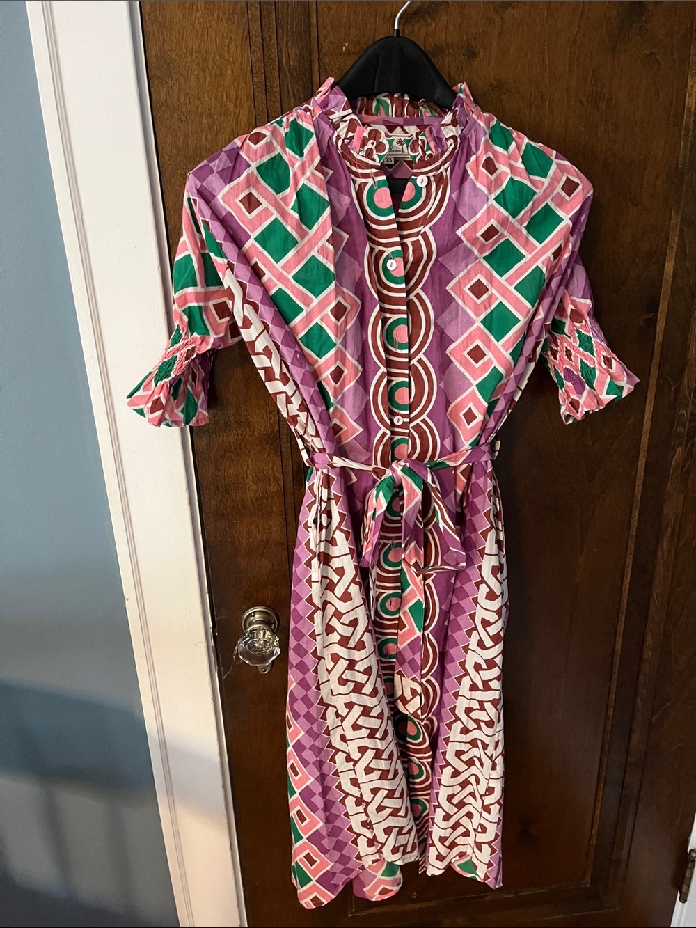 Patterned Midi Shirt Dress in Pink and Green